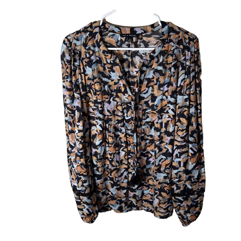 Zac & Rachel Blouse Women's Medium V-Neck Printed Long Sleeve Colorful Top